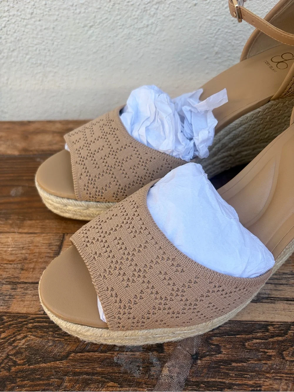 NWT and Box Womens Tan Espadrille Wedge Sandals with Ankle Strap